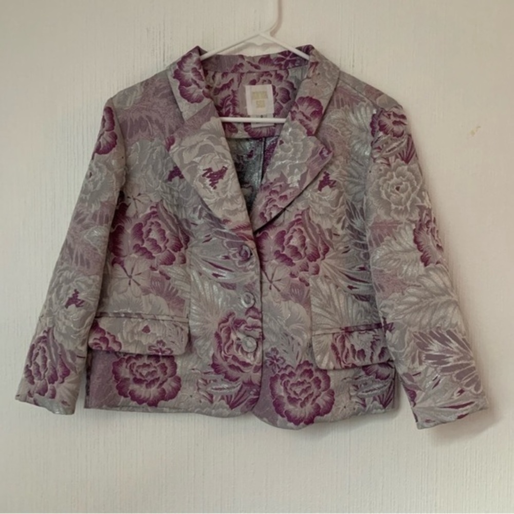 ✅ Anna Sui Blazer Jacket Peonies Brocade in Purple Silver Floral - Picture 3 of 8